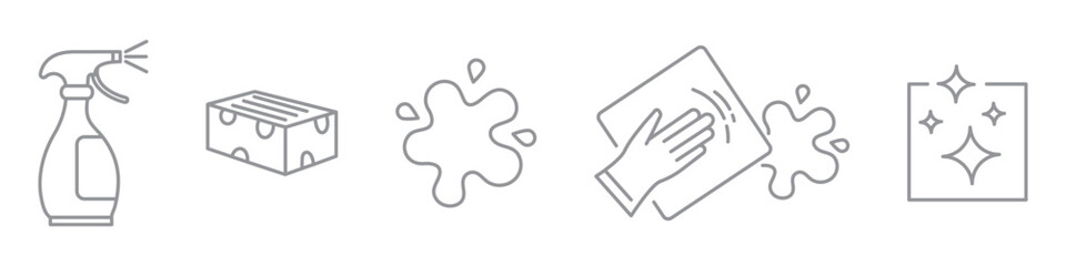 Set of clean home concept linear icons. Includes cleaning cloth, spray, rubber gloves, detergent, dirty spot, shiny clean surface, and sponge. Ideal for housekeeping, hygiene, cleaning service design.