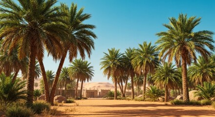 Sunny desert landscape featuring palm trees and sandy path leading to a gate