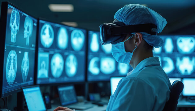 Doctor wears VR headset views medical scans on multiple screens in dark room. Futuristic diagnosis technology. Advanced imaging analysis in modern clinic.