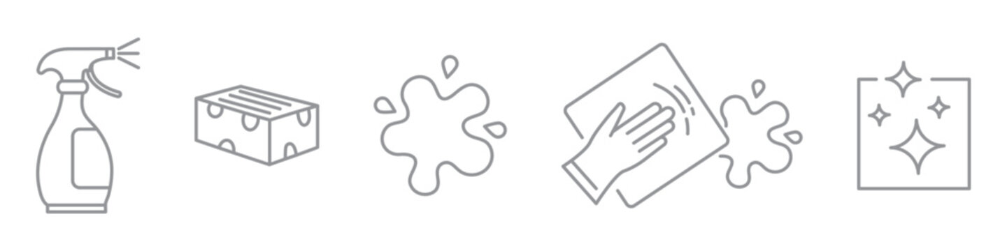 Set of clean home concept linear icons. Includes cleaning cloth, spray, rubber gloves, detergent, dirty spot, shiny clean surface, and sponge. Ideal for housekeeping, hygiene, cleaning service design.
