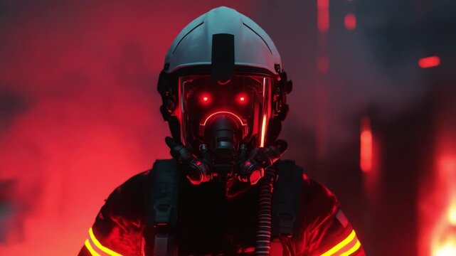 Firefighter in Crisis: A brave firefighter, engulfed in the heart of a raging inferno, stands resolute, the intensity of the scene reflected in their determined gaze.