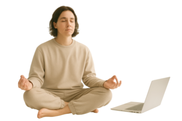 A young woman in comfortable beige loungewear is meditating with her eyes closed and hands in a mudra gesture. A laptop is placed next to her on the right. Isolated on a transparent background.