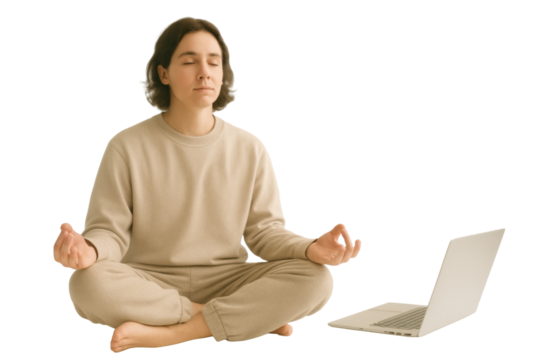 A young woman in comfortable beige loungewear is meditating with her eyes closed and hands in a mudra gesture. A laptop is placed next to her on the right. Isolated on a transparent background.