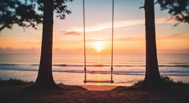 Swing hangs between trees overlooking beach at sunset