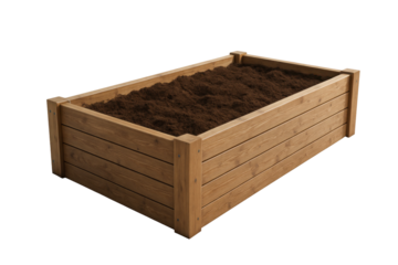A rectangular wooden garden bed filled with dark, rich soil, isolated on a transparent background. Ideal for gardening, planting, and outdoor cultivation projects.