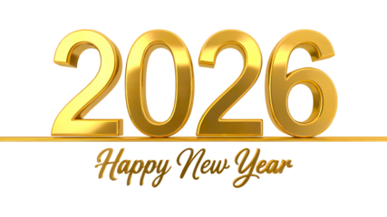 Golden 2026 text with happy new year script on transparent background