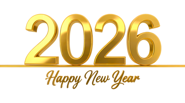 Golden 2026 text with happy new year script on transparent background
