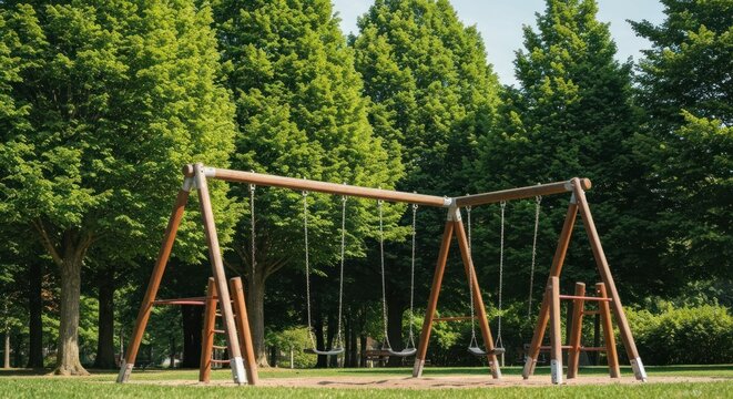 Swing set in park, lush green trees, sunny day, empty playground