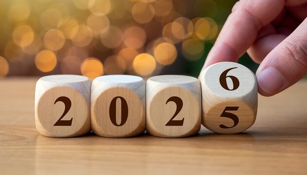 Hand turning wooden dice to reveal the number six symbolizing the transition to the year 2026 from 2025