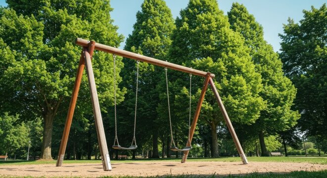 Swing set stands invitingly in lush green park under sunny sky
