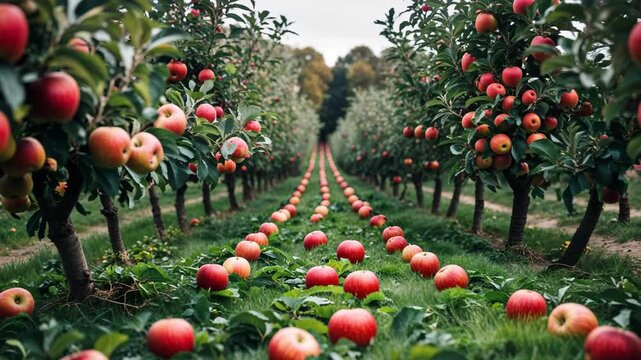 Vibrant Apple Orchard: Neat Rows of Red Apples Ready for Harvest