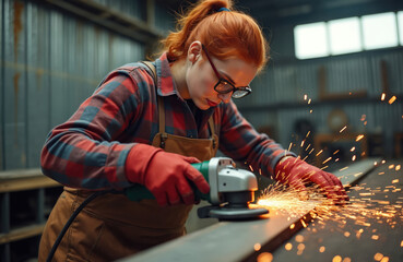 Redhead woman uses angle grinder on metal beam in workshop. Sparks fly brightly from tool. Wears safety glasses, gloves, apron, focused on skilled industrial fabrication. Empowered female worker