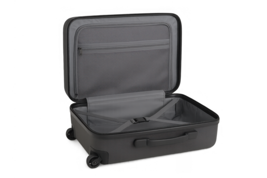 Empty open luggage showing packing straps and interior pockets ready for travel preparation, transparent background