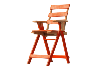 Lifeguard chair standing alone against a transparent background, showcasing its bright orange color and sturdy design, ready for summer beach days and safety duties