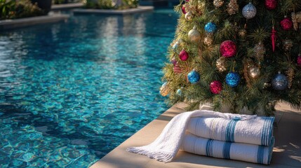 Christmas tree by a sparkling pool with cozy towels in a warm outdoor setting