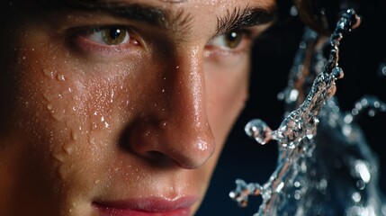 Refreshing male model skincare splash in spa gigapixel detail focused on face water cosmetic environment