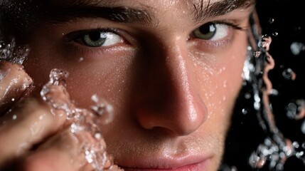 Refreshing male model skincare routine at luxury spa captivating face close-up with water splash effect