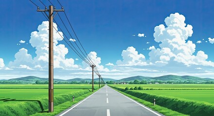 Naklejka premium Serene country road lined with power poles under a blue sky
