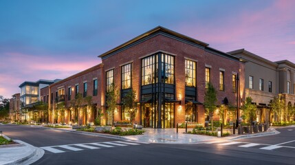 Naklejka premium Modern shopping center features brick facades with large windows, enhancing retail experience at dusk in a vibrant urban area