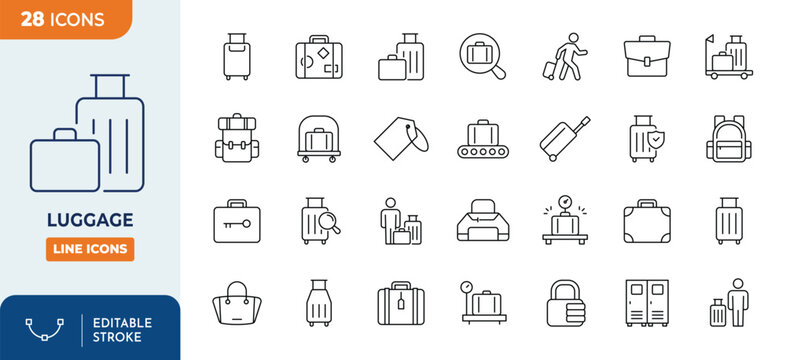 Minimalist Luggage outine icons set with editable stroke. Containing luggage, baggage, trip, travel, trolley, suitcase, and more. thin linear illustration.	