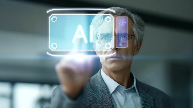 male instructor presenting artificial intelligence principles with digital board glowing interface modern education cinematic color correction, gentle backlight, clean negative space, high quality