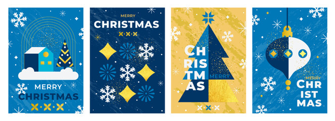 Stylish Christmas greeting cards in blue and gold color palette. Minimal geometric design with house, Christmas tree, snowflakes and ornaments. Perfect for holiday prints and digital cards. Vector