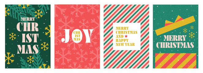 Set of Christmas and Happy New Year Floral Card templates. Christmas cards design with ornaments of branches, balls and ornaments. Modern minimal art poster, flyer, banner. Vector Illustration