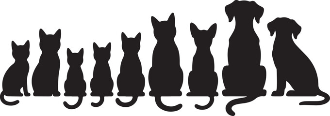 Silhouette of a diverse group of cats and dogs sitting together © png stock