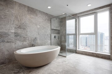 Modern bathroom features a freestanding tub and glass shower overlooking city buildings.
