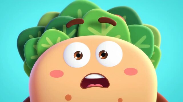 Cartoon character with leaves on head looking shocked on blue background for kid's media