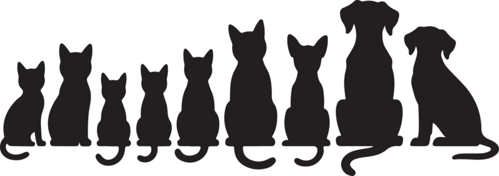 Silhouette of a diverse group of cats and dogs sitting together
