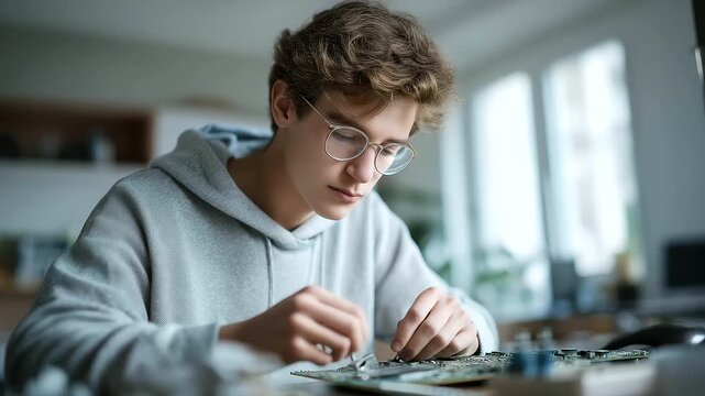 male student soldering circuit board under magnifier light muted buzz hands-on STEM learning engineering creativity cinematic color correction, gentle backlight, clean negative space, high quality