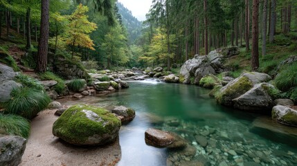 Serene Emerald Green Forest Stream Flowing Over Smooth Stones and Lush Greenery Under Soft Sunlight in a Natural Woodland Landscape