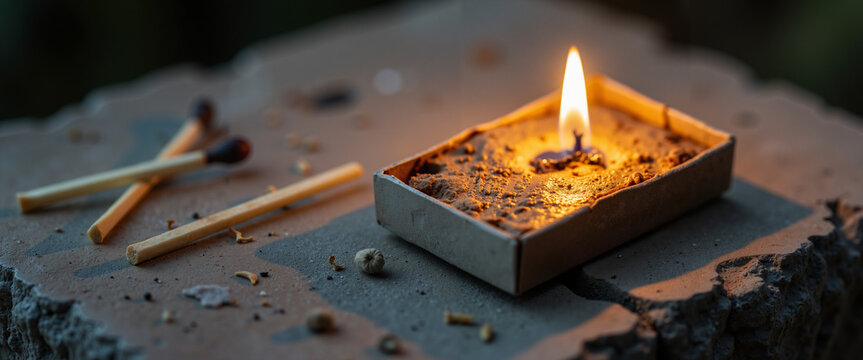 Matchbox with burning candle on wooden surface among scattered matches   - Powered by Adobe