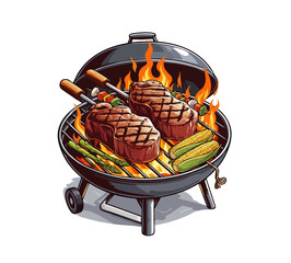 Grilling Delights: Savor the sizzling allure of a culinary feast, with juicy steaks and grilled corn cooked over fiery coals. An illustration of BBQ season.