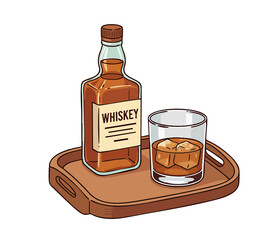 Whiskey on the Rocks: A bottle of golden whiskey and a glass of whiskey with ice cubes are neatly arranged on a wooden tray, creating a moment of sophisticated relaxation.