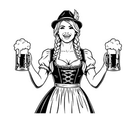 Oktoberfest Server: An illustration of a server, smiling broadly and holding two full beer steins, embodying the spirit of Oktoberfest with traditional attire and cheerful expression.