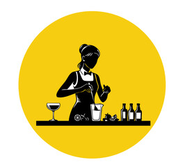 Mixology Silhouette: A minimalist, stylized illustration captures the essence of a bartender at work, meticulously preparing a cocktail in a vibrant yellow circle.