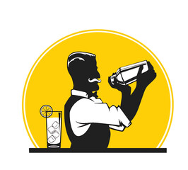 Mixology Maestro: A stylized illustration of a mustached bartender expertly mixing a cocktail, capturing the art of mixology in action.