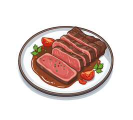Savory Steak Platter: A mouthwatering display of expertly sliced steak, glistening with rich gravy, accompanied by vibrant cherry tomatoes and fresh herbs, arranged on an elegant plate.