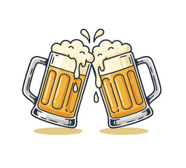 Cheers of Golden Brews: Two overflowing mugs of golden beer clink together in a joyful toast, capturing the refreshing essence of a social gathering.