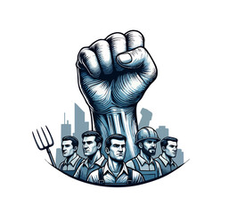 Worker's Solidarity: A powerful illustration depicts the strength and unity of workers, with a raised fist symbolizing solidarity and determination against the background. 