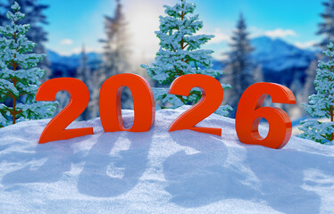 Red volumetric numbers 2026 on a snowy hill with pine trees and mountains in the background, celebrating the New Year in a winter landscape. 3D render.
