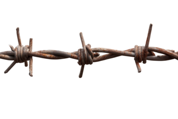 Barbed wire twisted and isolated against a transparent background highlighting its rugged texture and design