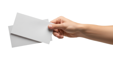 Hand Holding Blank White Cards or Business Cards Isolated PNG Cutout Transparent