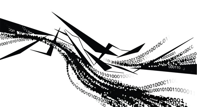 Abstract digital stream of binary code flowing through sharp geometric shapes