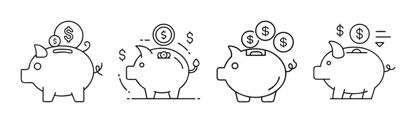Fototapeta premium Saving money line icon set. piggy bank investment budget finance symbol.