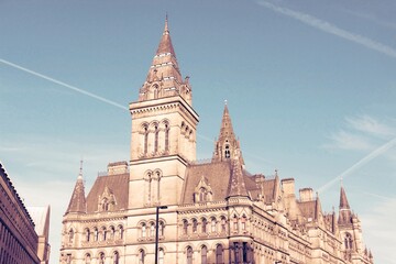 Fototapeta premium Manchester, UK - City Hall building. Retro filtered color tone.