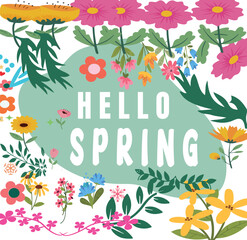 Hello spring floral design with colorful flowers and green background
