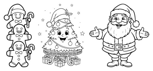 Vector Christmas elements set — decorated tree, gingerbread cookies, Santa character outline illustration